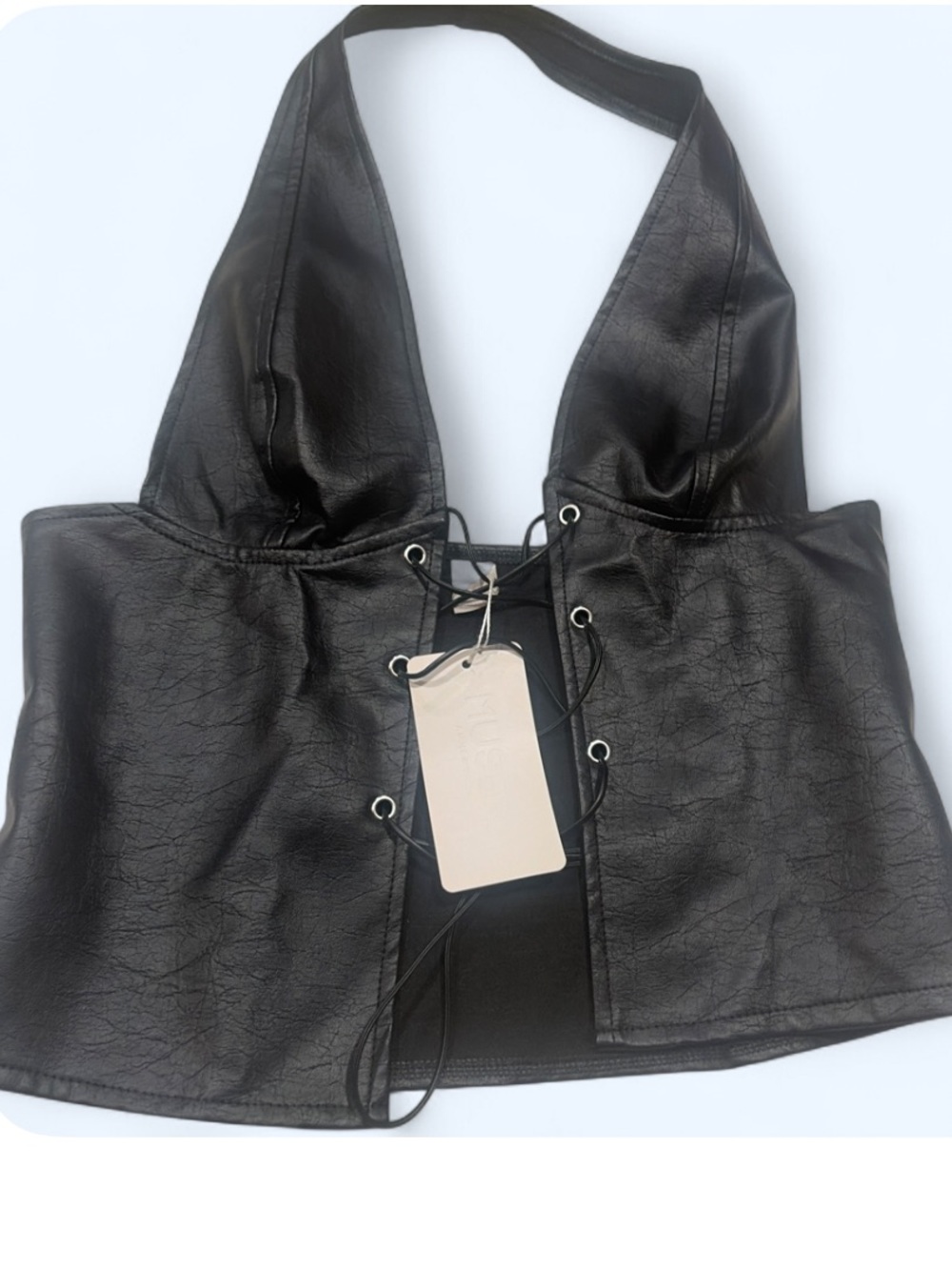 Black Faux Leather Lace-Up Halter Crop Top